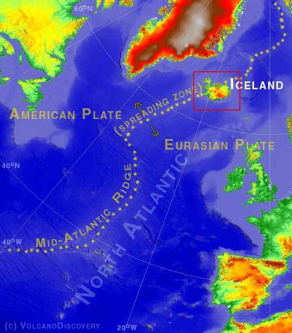 Lageskizze von Island auf dem Mittelozeanischen Rücken im Nordatlantik, der die Grenze zwischen der Amerikanischen und Eurasischen Platte bildet.