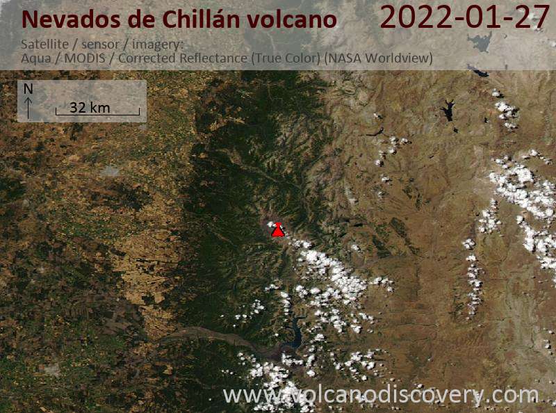 Satellite image of Nevados de Chillán volcano on 28 Jan 2022