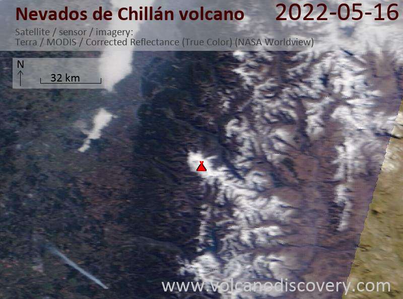 Satellite image of Nevados de Chillán volcano on 16 May 2022