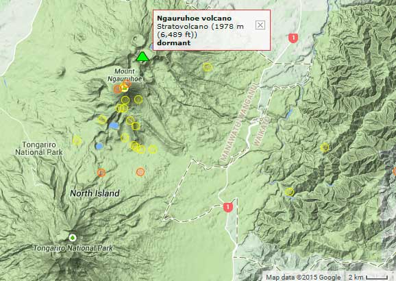 Earthquakes (yellow and red circles) near Ngauruhoe during the past 14 days