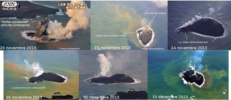 Comparison of the new Island off Nishino-shima between 20 Nov (surtseyan activity) and 10 Dec (end of strombolian and effusive? activity) (screenshots and annotations by Blog Culture Volcan)