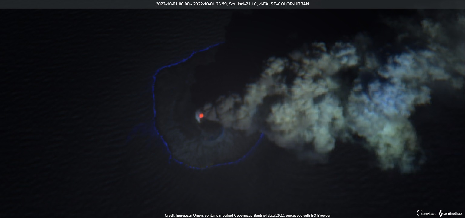 Dense ash emissions and thermal anomaly at Nishinoshima volcano yesterday (image: Sentinel 2)