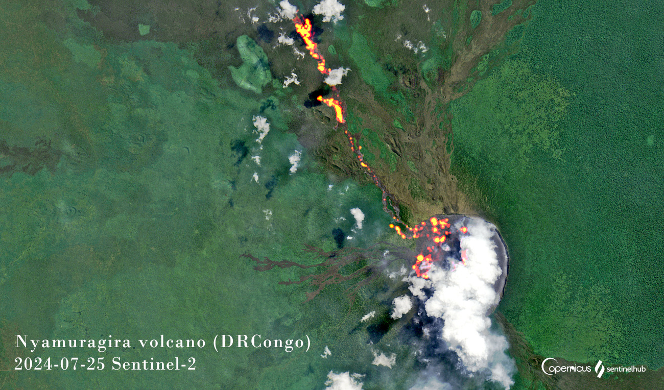 The lava extended beyond the northern caldera rim and continues to advance towards the northwest (image: Sentinel-2)