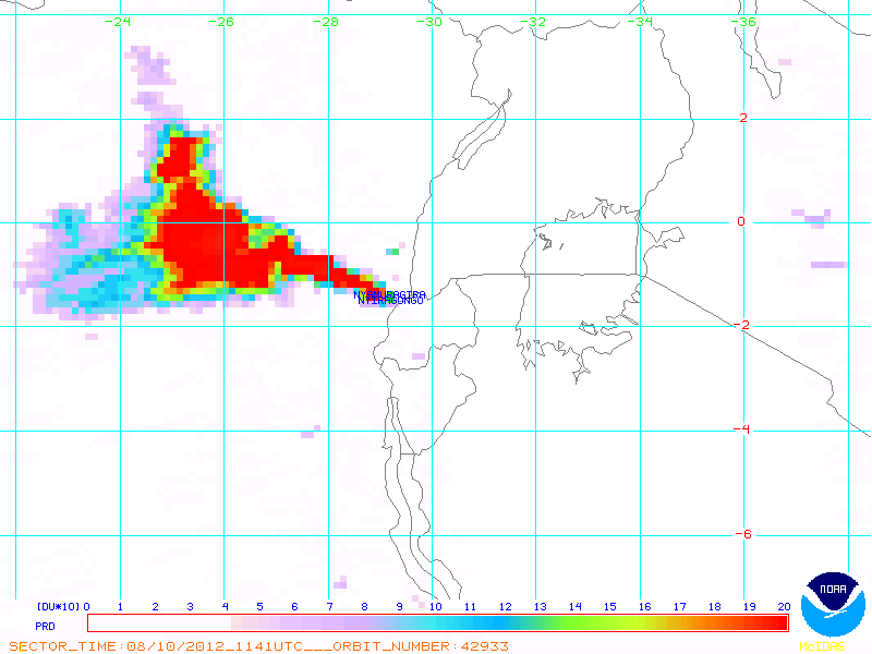 SO2 plume from Nyiragongo / Nyamuragira 10 Aug (NOAA)