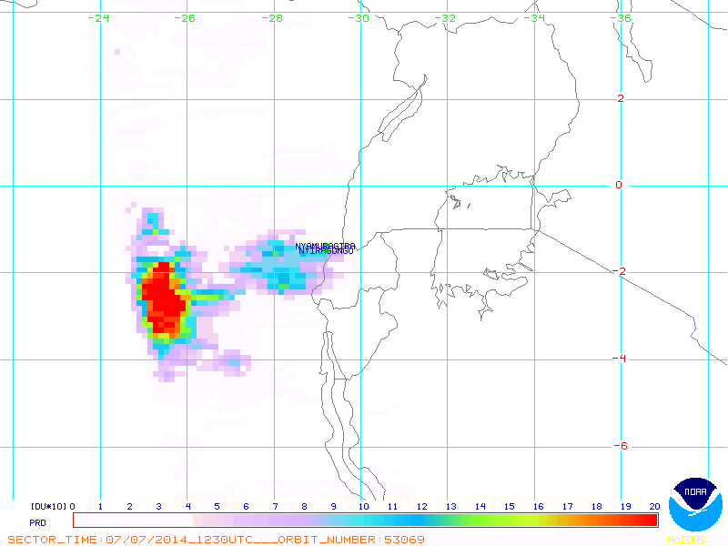 SO2 plume over Nyiragongo / Nyamuragira volcanoes (NOAA)