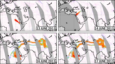 Nabro SO2 plume 14-17 June (OMI data, KNMI.FMI/NASA). Original images from ESA SACS, composite from The Volcanism Blog (volcanism.wordpress.com)