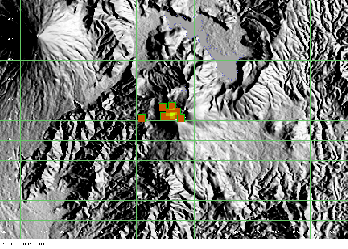 Hot spots on the SW flank of Pacaya showing the latest lava flows since 30 April 2021 (image: MODIS)