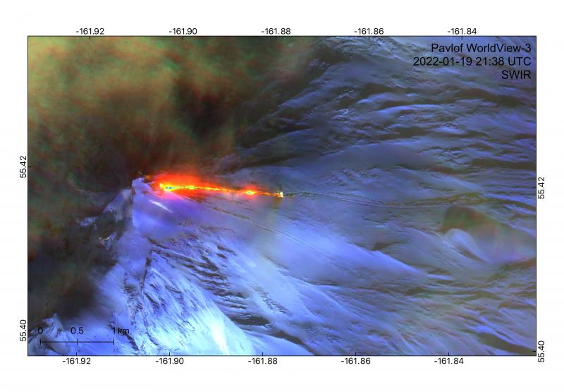 The lava flow and lahar at Pavlof volcano visible from satellite (image: AVO)
