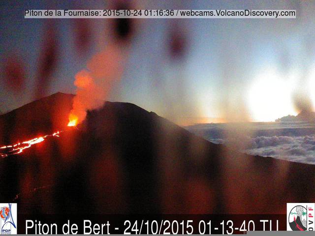 The lava flows from Piton de la Fournaise still active yesterday morning