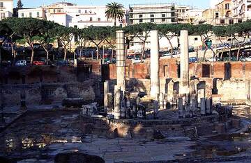 The Macellum at Pozzuoli where evidence of recent uplift can be seen on the columns