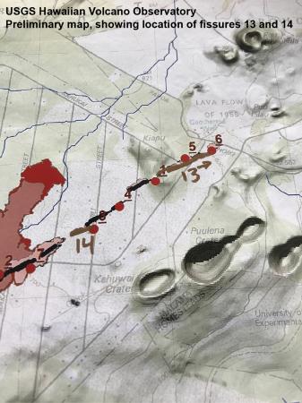 Preliminary map of the new fissures #13 and #14 (image: HVO / USGS)