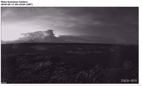 View of the eruption plume early yesterday morning nearly an hour after the event started. This image is from the webcam located on the north rim of Moku‘āweoweo Caldera near the summit of Mauna Loa Volcano. (image: HVO / USGS)