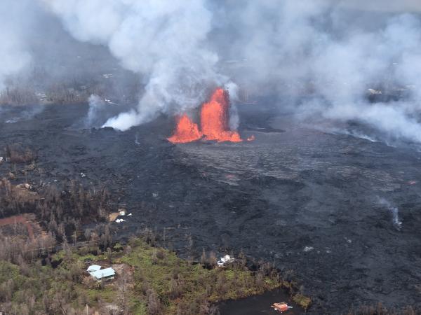 Fissure 8 reactivated on the afternoon of May 28, when, at times, lava fountains were reaching heights of 200 feet and feeding a lava flow that advanced to the northeast. (image: HVO / USGS)