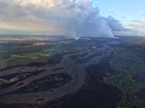 This view, looking south at Kīlauea's lower East Rift Zone, was captured during HVO's 6:00 a.m. HST (6 June) helicopter overflight today. It shows continued fountaining of fissure 8 and the lava flow channel fed by it. Lava continues to flow quickly in these braided channels; the flow margins are currently stable and have not experienced any breakouts since June 5. (image: HVO / USGS)