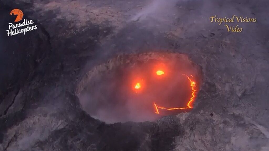 The vent where the lava comes from: Pu'u 'O'o crater on the east rift zone 6 miles away (28 July 2016, photo Mick Kalber, Tropical Visions Video, Inc. with Paradise Helicopters)