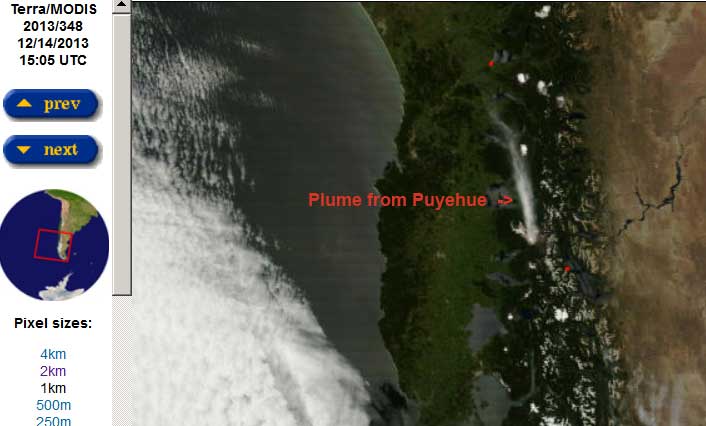 MODIS / Terra satellite image 14 Dec showing a plume drifting N from Puyehue
