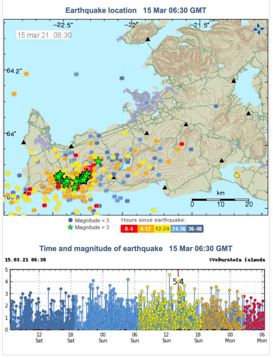 Earthquakes on the Reykjanes peninsula during the past 48 hours (image: IMO)