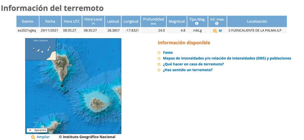 Preliminary location of this morning's magnitude 4.8 quake under La Palma (image: IGN)