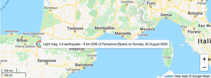 Location of this morning's felt quake near Pamplona, Spain