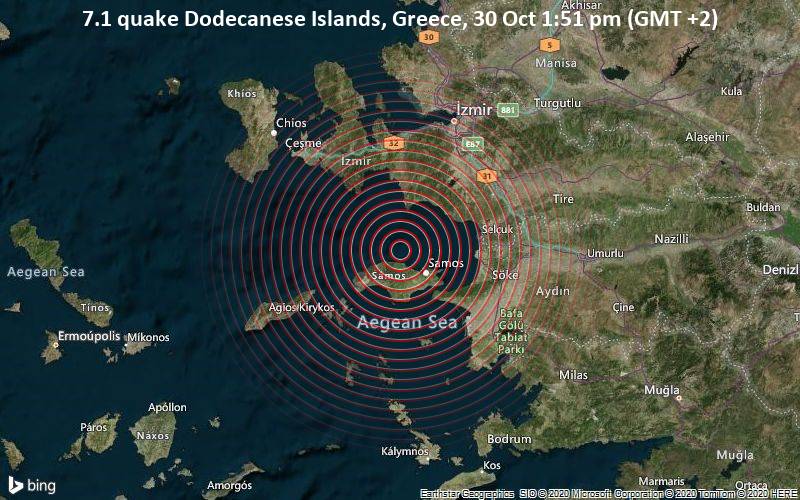 Strong Mag 6 7 Earthquake Aegean Sea 17 Km Northeast Of Karlovasi Samos North Aegean Greece On Friday 30 Oct 1 51 Pm Gmt 2 1733 User Experience Reports Volcanodiscovery