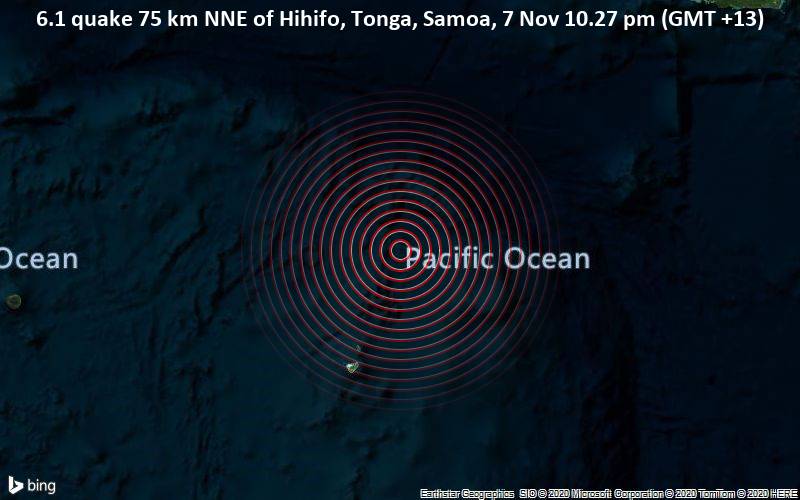 6.1 quake 75 km NNE of Hihifo, Tonga, Samoa, 7 Nov 10.27 pm (GMT +13)