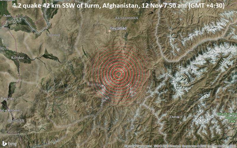 Mag 4 3 Earthquake Yamgan 41 Km Au Sud De Jurm Badakhshan Afghanistan On Jeudi 12 Nov 07 50 Gmt 4 30 Volcanodiscovery