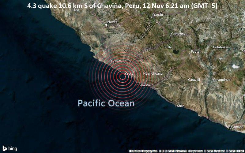 4,3 gempa 10,6 km selatan Chaviña, Peru, 12 Nov 6,21 pagi (GMT -5)