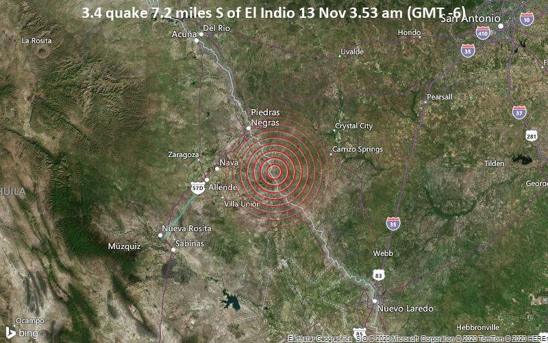 3.4 quake 7.2 miles S of El Indio 13 Nov 3.53 am (GMT -6)