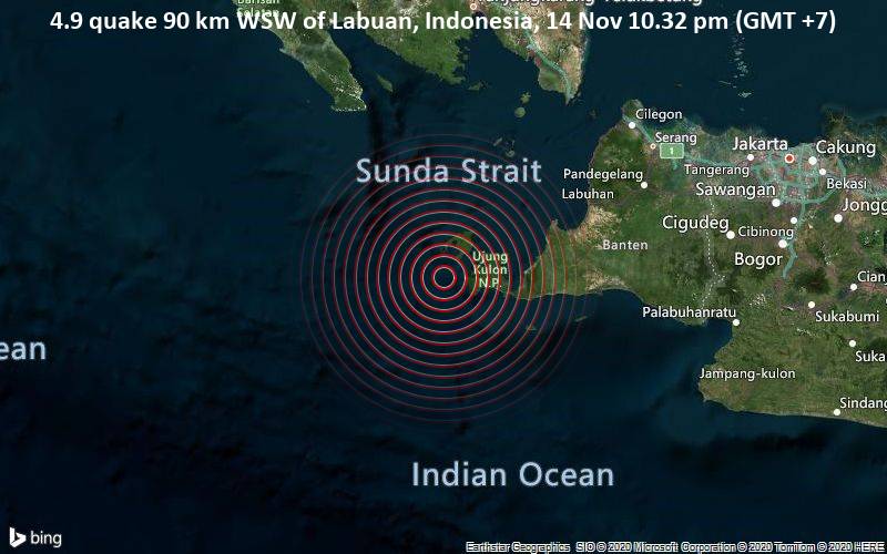 A slight earthquake measuring 4.9 on the Richter scale was just reported 121 km southwest of Pandeglang, Indonesia / Volcano Discovery