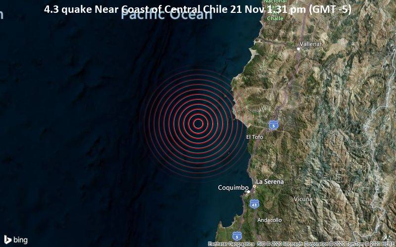 4.3 quake Near Coast of Central Chile 21 Nov 1.31 pm (GMT -5)