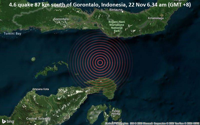 4.6 quake 87 km south of Gorontalo, Indonesia, 22 Nov 6.34 am (GMT +8)