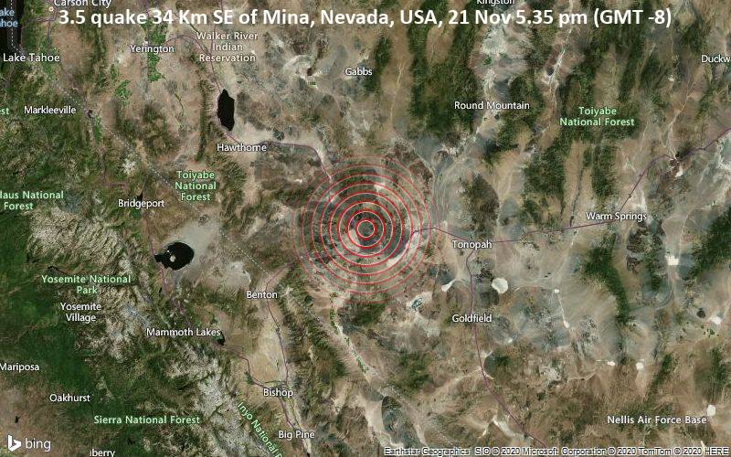 3.5 quake 34 Km SE of Mina, Nevada, USA, 21 Nov 5.35 pm (GMT -8)