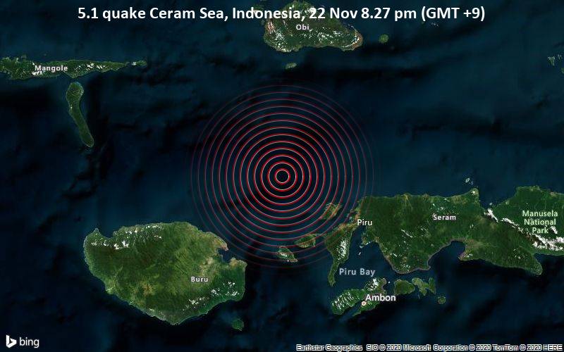 5.1 quake Ceram Sea, Indonesia, 22 Nov 8.27 pm (GMT +9)