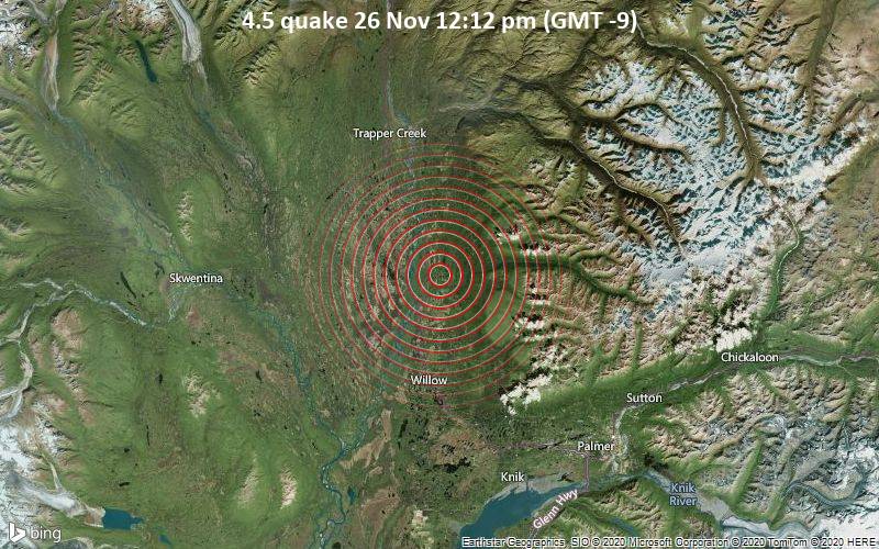 Leichtes Erdbeben der Stärke 4.5 - 3 km südwestlich von Caswell, Matanuska-Susitna County, Alaska, USA, am Donnerstag, 26. Nov 2020 um 12:12 Lokalzeit