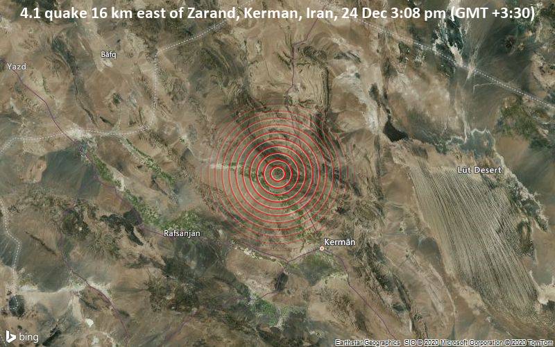 4.1 quake 16 km east of Zarand, Kerman, Iran, 24 Dec 3:08 pm (GMT +3:30)