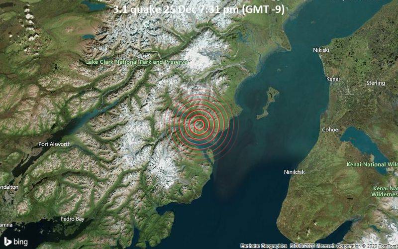 Erdbeben der Stärke 3.1 - 80 km westlich von Kalifornsky, Kenai Peninsula County, Alaska, USA, am Freitag, 25. Dez 2020 um 19:31 Lokalzeit