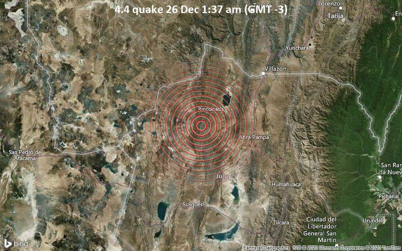 Erdbeben der Stärke 4.4 - Departamento de Rinconada, 61 km westlich von Abra Pampa, Departamento de Cochinoca, Jujuy, Argentinien, am Samstag, 26. Dez 2020 um 01:37 Lokalzeit