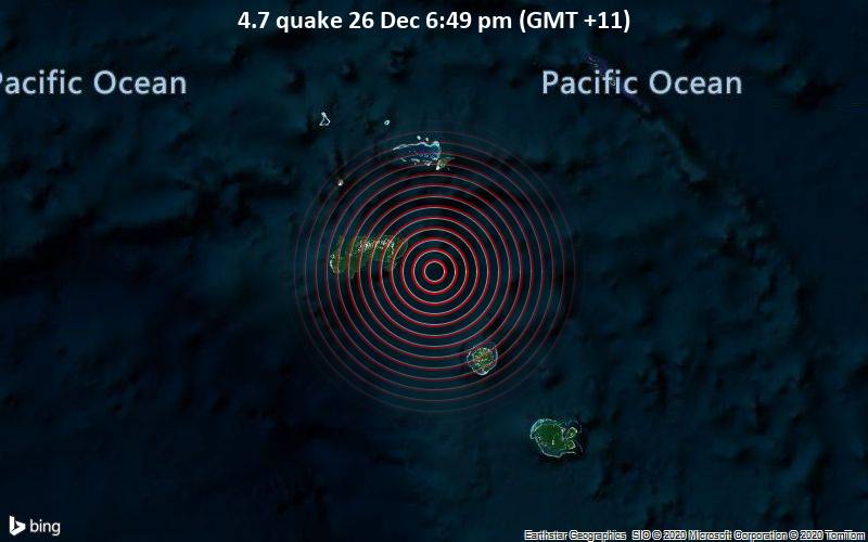 Erdbeben der Stärke 4.7 - Korallen Meer, 54 km östlich von Lata, Santa Cruz Islands, Temotu Province, Salomonen, am Samstag, 26. Dez 2020 um 18:49 Lokalzeit