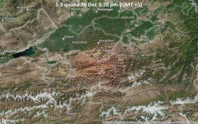 Moderates Erdbeben der Stärke 5.3 - Kadamjaiskiy Raion, Batken, Kirgisistan, 26 km südlich von Fergana, Usbekistan, am Samstag, 26. Dez 2020 um 15:28 Lokalzeit