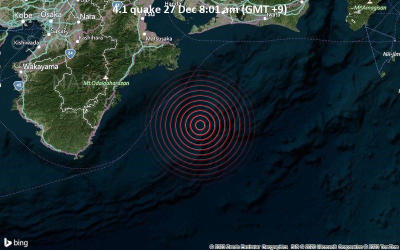 Erdbeben der Stärke 4.1 - Philippines Sea, 91 km südöstlich von Ise, Ise-shi, Mie, Japan, am Sonntag, 27. Dez 2020 um 08:01 Lokalzeit