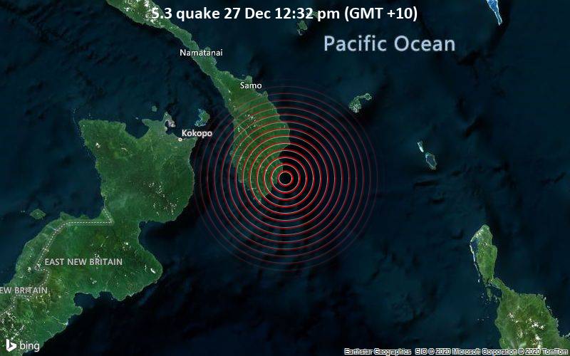 Moderates Erdbeben der Stärke 5.3 - South Pacific Ocean, 31 km nordöstlich von Lambom , New Ireland, Papua-Neuguinea, am Sonntag, 27. Dez 2020 um 12:32 Lokalzeit