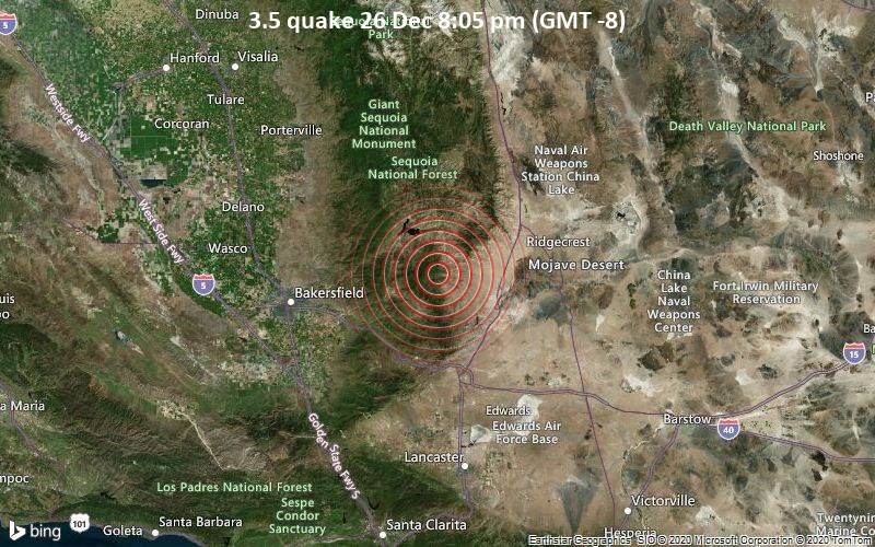 Erdbeben der Stärke 3.5 - Kalifornien, 22 km südöstlich von Lake Isabella, Kern County, USA, am Samstag, 26. Dez 2020 um 20:05 Lokalzeit