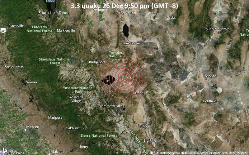 Erdbeben der Stärke 3.3 - 48 km nordöstlich von Mammoth Lakes, Mono County, Kalifornien, USA, am Samstag, 26. Dez 2020 um 21:50 Lokalzeit