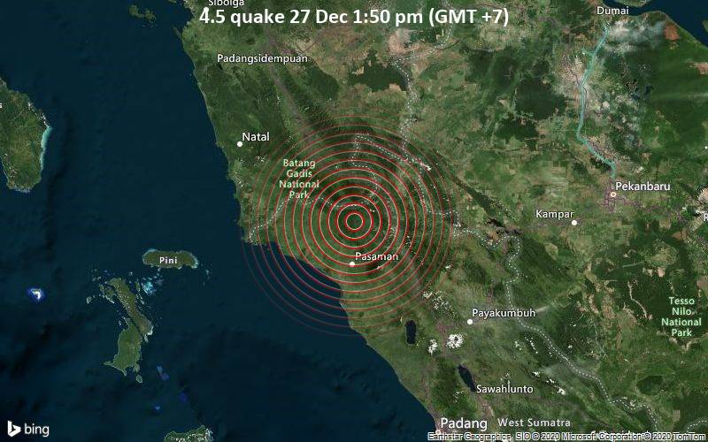Erdbeben der Stärke 4.5 - 95 km nordwestlich von Bukittinggi, Sumatera Barat, Indonesien, am Sonntag, 27. Dez 2020 um 13:50 Lokalzeit