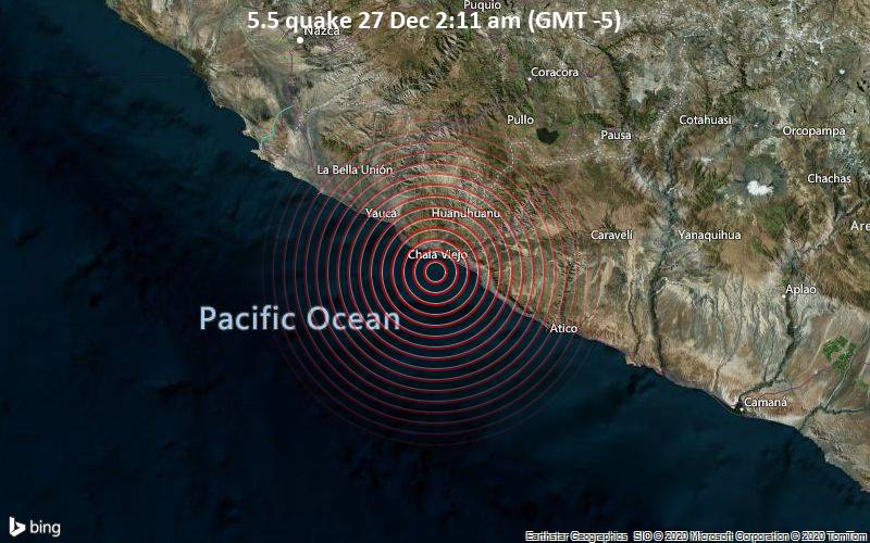 Moderates Erdbeben der Stärke 5.5 - South Pacific Ocean, 116 km südöstlich von San Juan de Marcona, Provincia de Nazca, Ica, Peru, am Sonntag, 27. Dez 2020 um 02:11 Lokalzeit