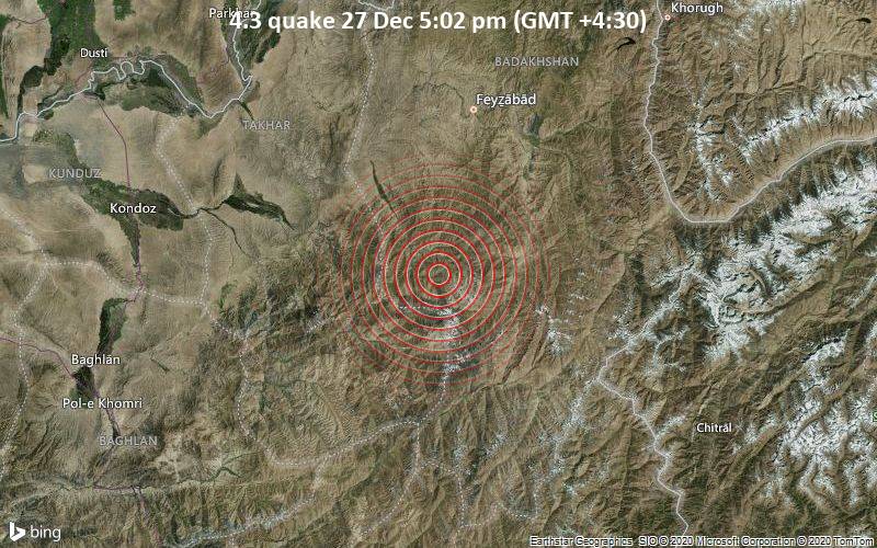 Erdbeben der Stärke 4.3 - Tagāb, Badakhshan, 50 km östlich von Farkhār, Takhar, Afghanistan, am Sonntag, 27. Dez 2020 um 17:02 Lokalzeit