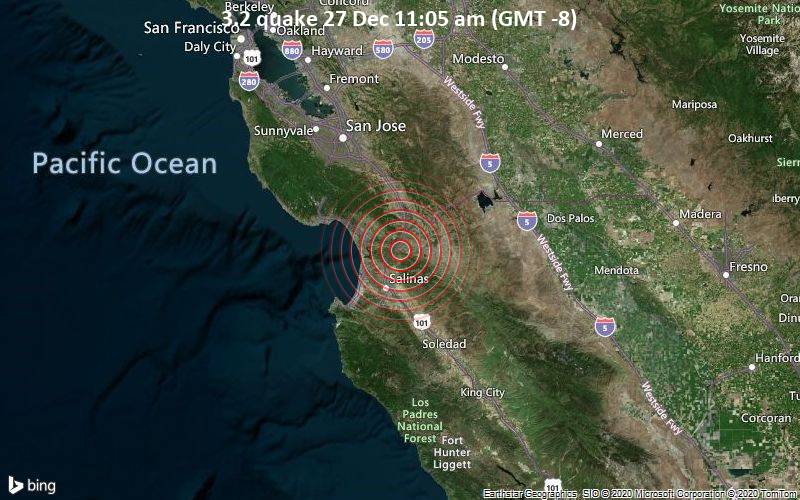 Erdbeben der Stärke 3.2 - Monterey County, 3.6 km westlich von San Juan Bautista, San Benito County, Kalifornien, USA, am Sonntag, 27. Dez 2020 um 11:05 Lokalzeit