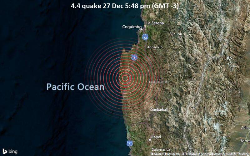 Erdbeben der Stärke 4.4 - Limarí, 41 km westlich von Ovalle, Provincia de Limari, Coquimbo Region, Chile, am Sonntag, 27. Dez 2020 um 17:48 Lokalzeit