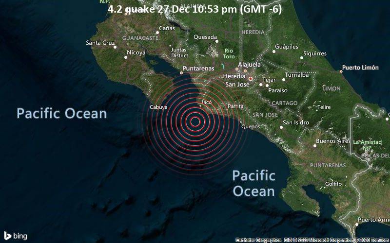 Erdbeben der Stärke 4.2 - Nordpazifik, 62 km südlich von Puntarenas, Provincia de Puntarenas, Costa Rica, am Sonntag, 27. Dez 2020 um 22:53 Lokalzeit