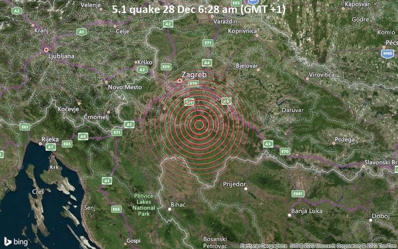 Moderates Erdbeben der Stärke 5.1 - 9.1 km nordwestlich von Petrinja, Grad Petrinja, Sisak-Moslavina, Kroatien, am Montag, 28. Dez 2020 um 06:28 Lokalzeit